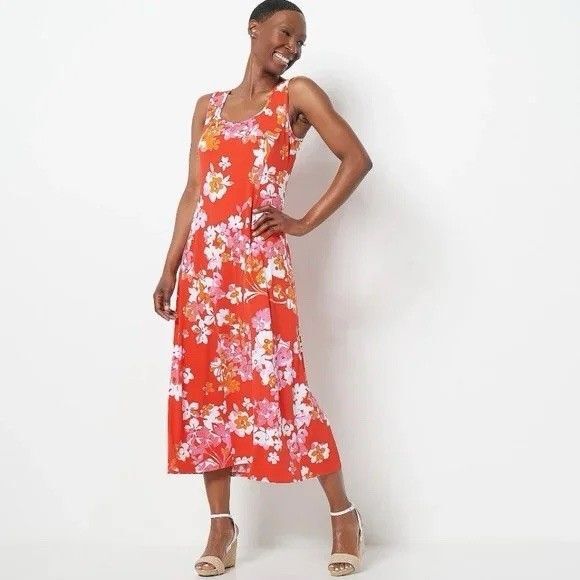 Susan Graver Women Liquid Knit Floral Print Sleeveless Midi Dress Plus Size 3XP - Picture 1 of 5